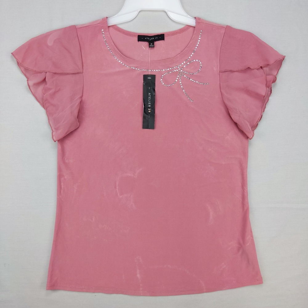 Atelier 29 Top Women Medium Pink Flutter Sleeve Rhinestone Bow Blouse NWT